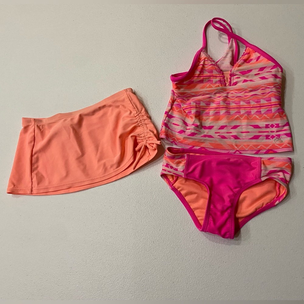 Girls 5/6 ZeroXposur 3 Piece Tankini Set - Pink and Orange